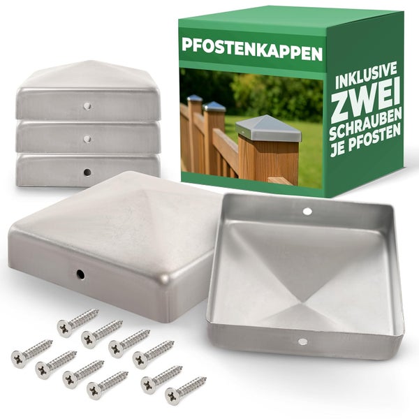 Fünf quadratische Pfostenkappen aus Metall in Pyramidenform inklusive zehn Schrauben für die Montage auf Holzzäunen.