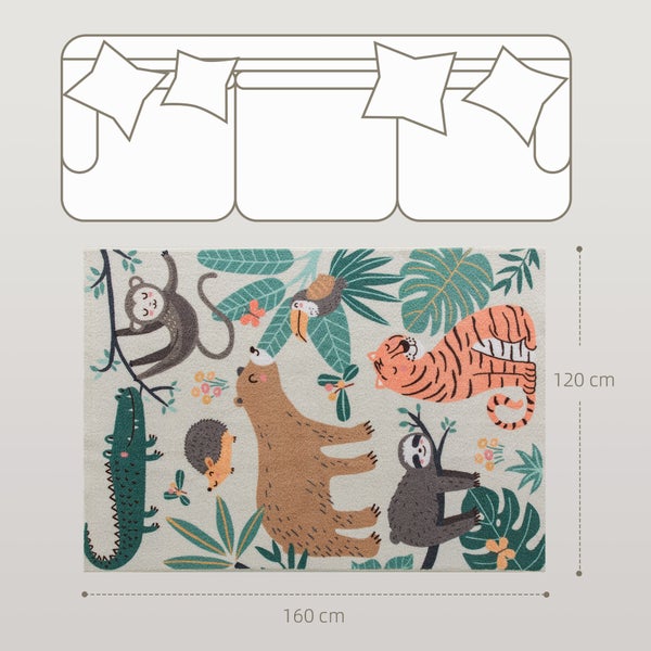 Kinderteppich mit Dschungeltieren wie Tiger, Bär und Krokodil, Größe 120 mal 160 Zentimeter, dargestellt vor einem Sofa-Umriss.