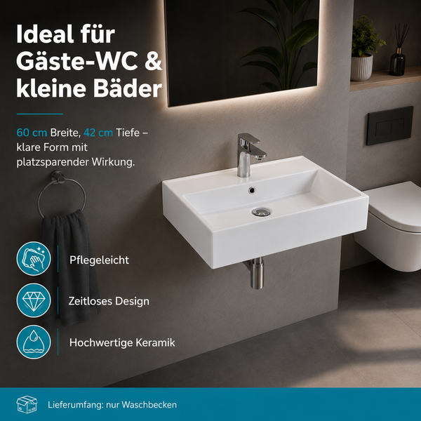 Rechteckiges weißes Keramik-Waschbecken 60 Zentimeter, pflegeleichtes zeitloses Design in moderner Gäste-Toilette mit Armatur und Spiegel.