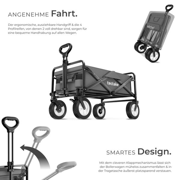 Faltbarer Bollerwagen von Tectake mit ausziehbarem Griff und vier Profilreifen für den Transport von Gegenständen.