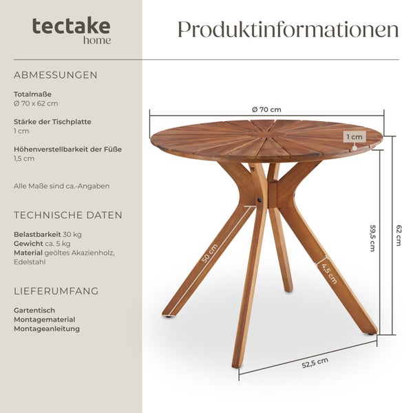 Produktinformationen und Abmessungen für den runden tectake home Gartentisch aus geöltem Akazienholz mit einem Durchmesser von 70 Zentimetern.