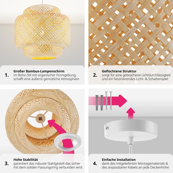 Produktabbildung einer Boho-Stil Bambus Hängelampe, die aus verschiedenen Perspektiven Stabilität und einfache Installation hervorhebt.