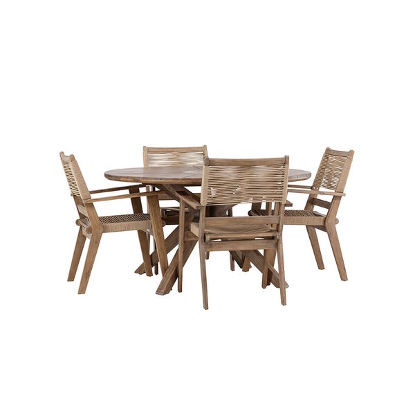 Runder Holztisch mit vier Stühlen für den Außenbereich