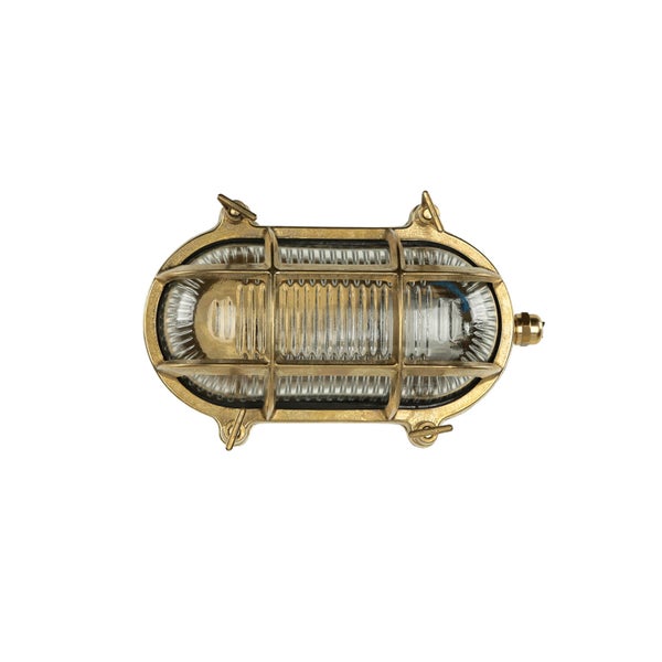 Ovale Messing-Wandleuchte mit Schutzgitter und geriffeltem Glas