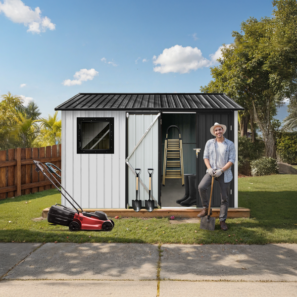 Szene mit einem Gartenhaus, einem Rasenmäher, zwei Spaten, einer Leiter und einer Person