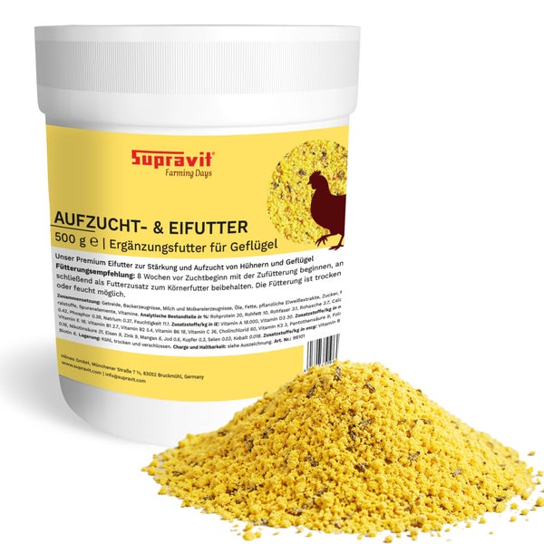 Supravit Aufzucht- und Eifutter für Geflügel, 500 Gramm Dose, Ergänzungsfutter zur Stärkung und Aufzucht von Hühnern und Geflügel.