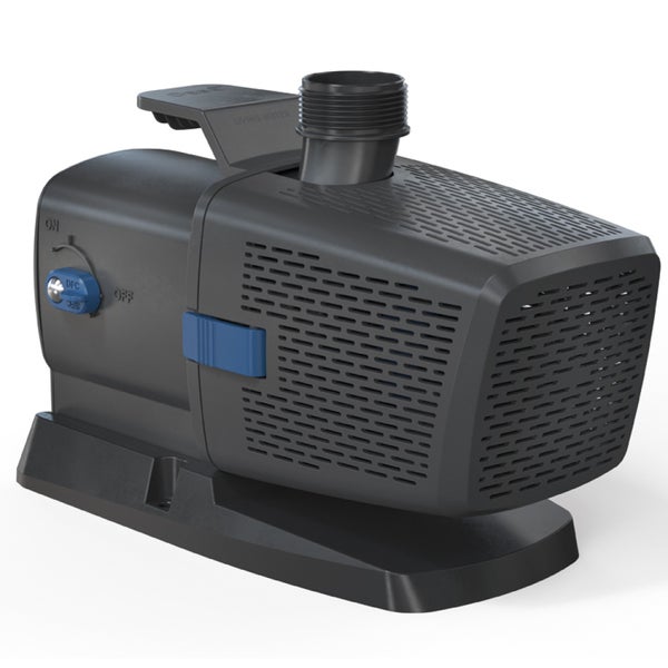 Schwarze Teichpumpe aus Kunststoff mit blauem Regler und Gewindeanschluss für die Teichfilterung oder Bachläufe.