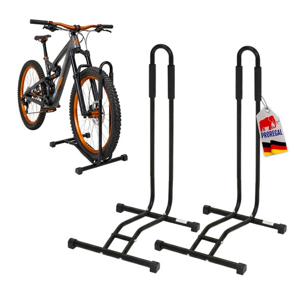 Zwei schwarze Fahrradständer aus Metall für Bodenmontage mit Proregal Logo und einem Beispiel eines Mountainbikes im Fahrradständer.