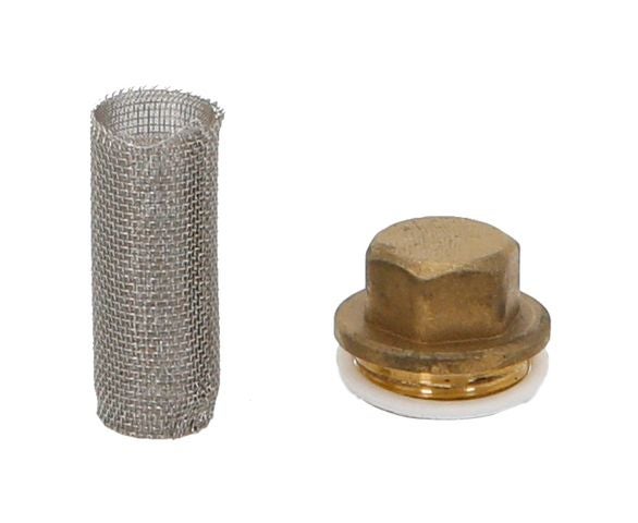 Zylindrisches Metallsieb und Messingverschlusskappe mit weißer Dichtung.