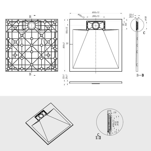 Technische Zeichnung einer quadratischen Duschwanne mit den Maßen 800 mal 800 Millimeter, Draufsicht, Unteransicht und Querschnitten.