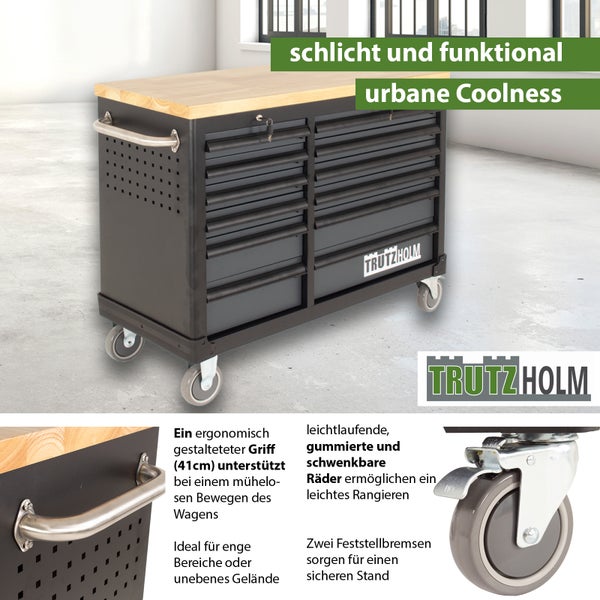 Werkstattwagen mit Schubladen, Holzplatte und TrutzHolm Logo