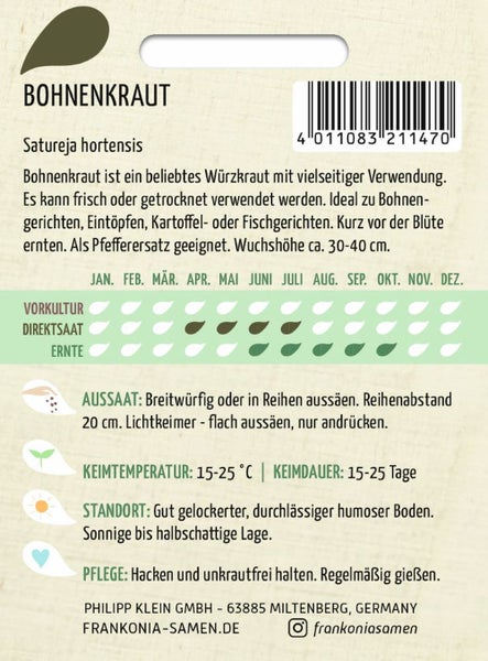 Bohnenkraut-Samenpackung mit Anweisungen zu Aussaat, Standort und Pflege