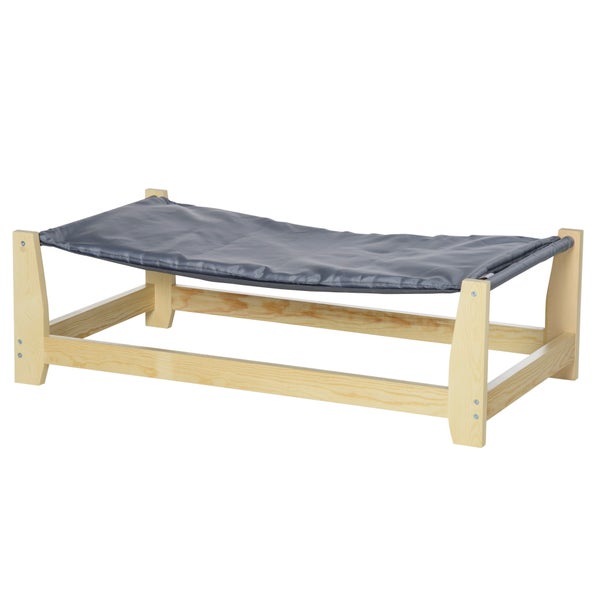 PawHut Erhöhtes Hundebett Haustierbett Hundeliege mit Kissen Hundeschlafplatz Haustierliege für drinnen und draußen Hängematte Katzenbett Hängebett aus Kiefernholz Natur+Hellgrau 90 x 50 x 28 cm