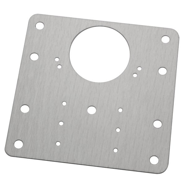 Quadratische Montageplatte aus Metall mit zentraler Öffnung und verschiedenen Bohrungen zur Befestigung