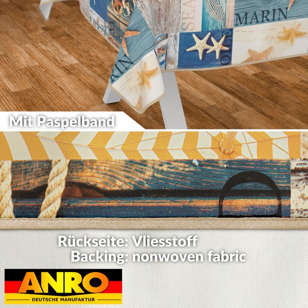 Tischdecke mit maritimem Muster und Paspelband sowie Vliesstoff Rückseite