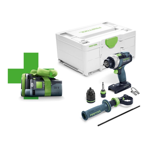 Festool Akku-Schlagbohrschrauber TDC 18/4 Set inklusive Systainer, Zubehör und einem zusätzlichen 18 Volt Akkupack.