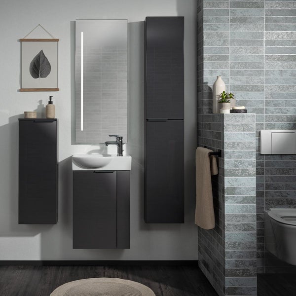 Fackelmann LUNA Gäste-WC Set 2 Teile – Waschtischunterschrank in Anthrazit mit Waschbecken aus Keramik – SBC Waschbeckenunterschrank schmal – Türanschlag links – Hahnloch rechts – 45 cm breit