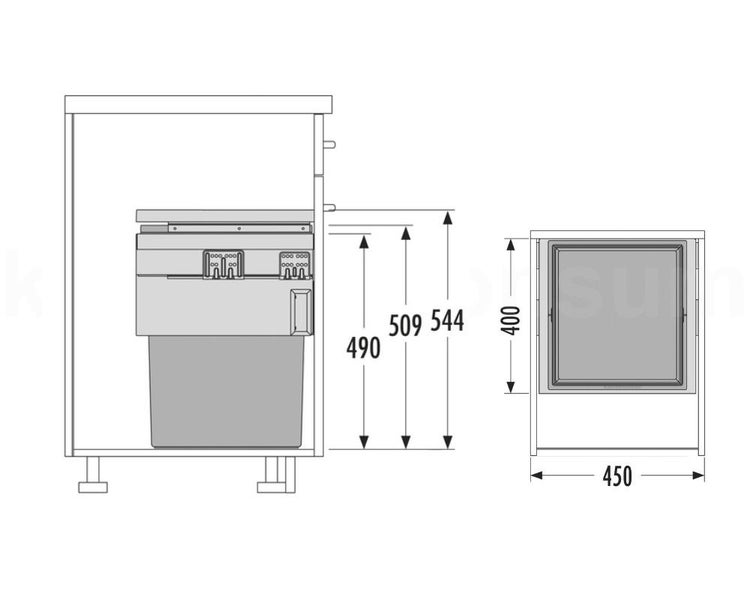 Technische Zeichnung eines Abfallsammlers im Unterschrank mit Maßangaben in Millimeter: Breite 450, Tiefe 400, Höhen 490 bis 544.