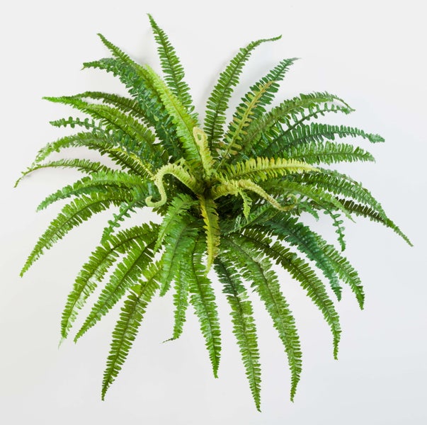 Künstliche Palme mit hohem strukturiertem Stamm und grünen Wedeln in einem schwarzen Topf.