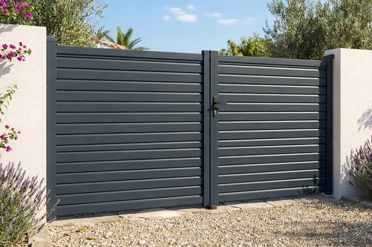 Zweiflügeliges Einfahrtstor aus Aluminium in Anthrazit mit horizontalen Lamellen, montiert zwischen zwei weißen Mauern.