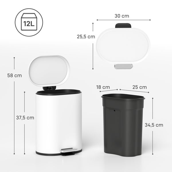 Abbildung eines Treteimer mit Maßangaben und einem Fassungsvermögen von 12 Litern
