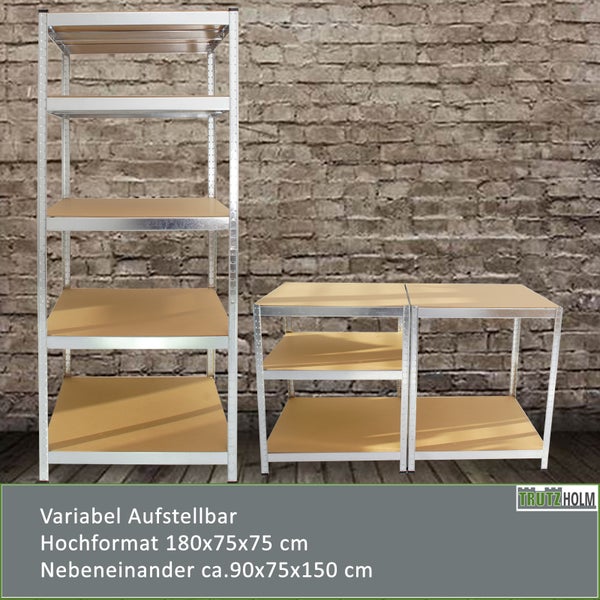 Trutzholm Schwerlastregal aus Metall mit Holzboeden, variabel aufstellbar als hohes Regal oder zwei niedrige Regale nebeneinander.