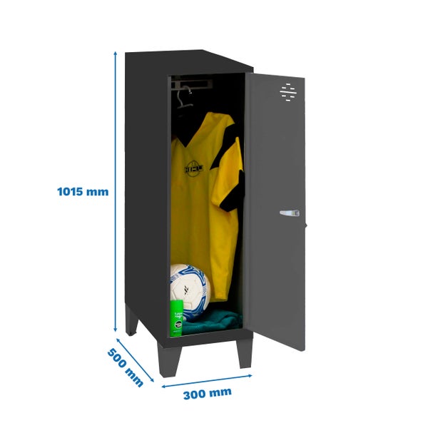 Metall-Garderobenschrank mit den Maßen 1015 mm x 500 mm x 300 mm mit geöffneter Tür