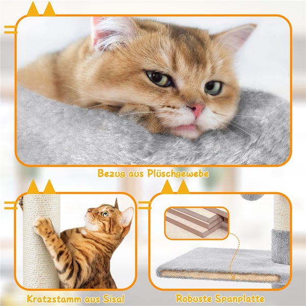 Katze ruht auf Plüschbezug, Katze kratzt an Sisalstamm, robuste Spanplatte
