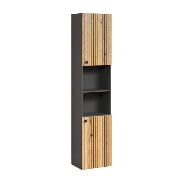 Hoher Badezimmerschrank mit zwei Lamellentüren und zwei offenen Regalfächern aus Holz und beschichteter Spanplatte