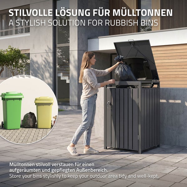 Eine Frau verstaut einen Müllbeutel in einer modernen Mülltonnenbox aus Metall vor einem Wohnhaus. Im Kreis ist ein Vergleich mit Mülltonnen gezeigt.
