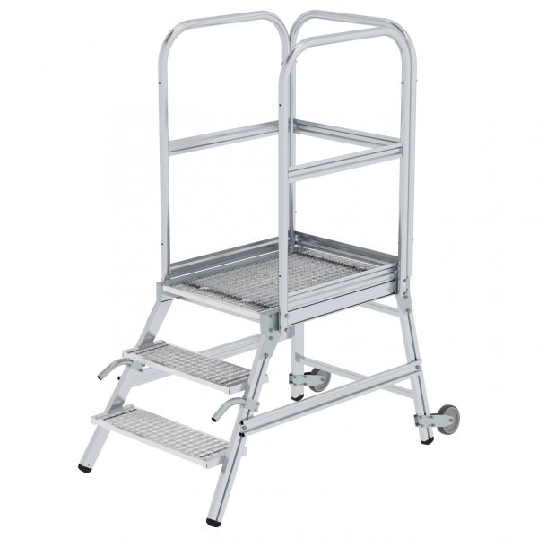 Rollbare Arbeitsbühne aus Aluminium mit zwei Stufen und Geländer