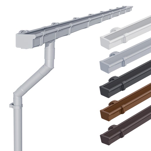 Kasten-Dachrinne aus Kunststoff mit Fallrohr in verschiedenen Ausführungen für die Dachentwässerung.