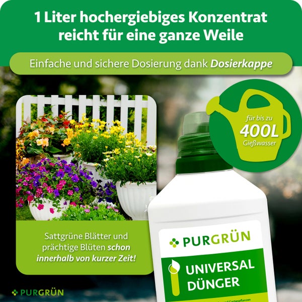 Eine Flasche Purgrün Universal Dünger Konzentrat mit Dosierkappe vor einer Gartenkulisse mit blühenden Pflanzen in Töpfen.
