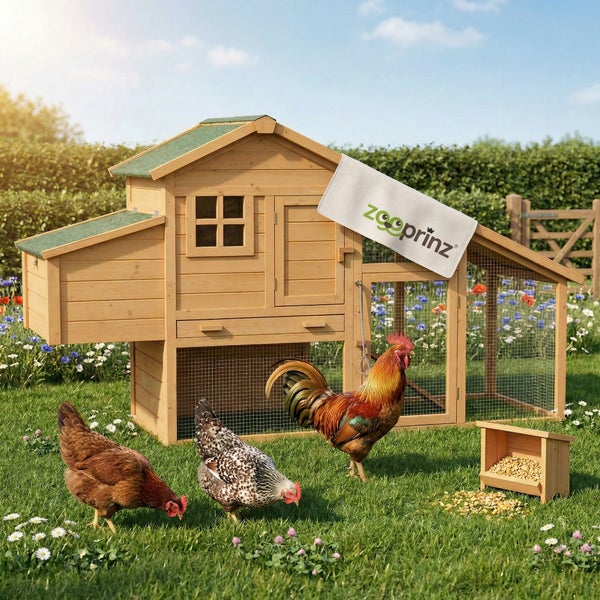Hühnerstall aus Holz mit integriertem Auslauf, Fenster und Nistkasten im Garten, Hühner und Hahn auf der Wiese, Zooprinz Logo.