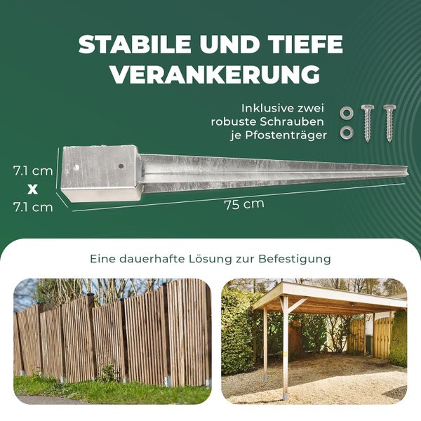 Einschlagbodenhülse aus verzinktem Stahl für Holzpfosten, 7,1 mal 7,1 Zentimeter, 75 Zentimeter lang, mit Schrauben und Unterlegscheiben.