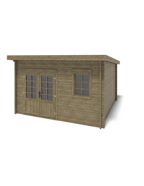 Gartenhaus aus Holz mit Pultdach, einer Doppeltür mit Fenstereinsätzen und einem separaten Fenster.