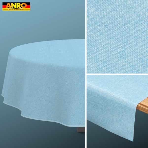 Tischdecke mit strukturierter Oberfläche und eingefasstem Rand, Detailansicht der Gewebestruktur und des Kantenabschlusses, ANRO Logo.