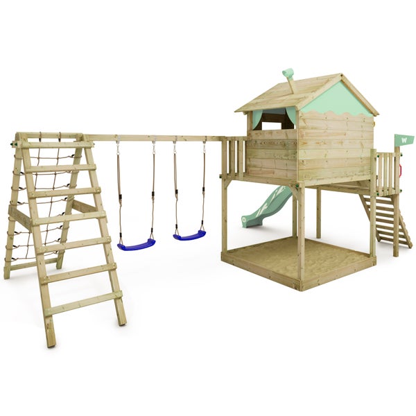 WICKEY Spielturm Klettergerüst Smart Ocean mit Schaukel und Rutsche, Stelzenhaus mit Sandkasten, Kletterleiter und Spiel-Zubehör – pastellgrün