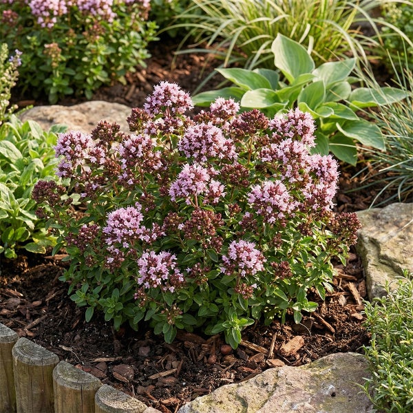 Blühende Oregano-Pflanze in einem Gartenbeet mit Rindenmulch, Steinen und einer Beeteinfassung aus Holz.