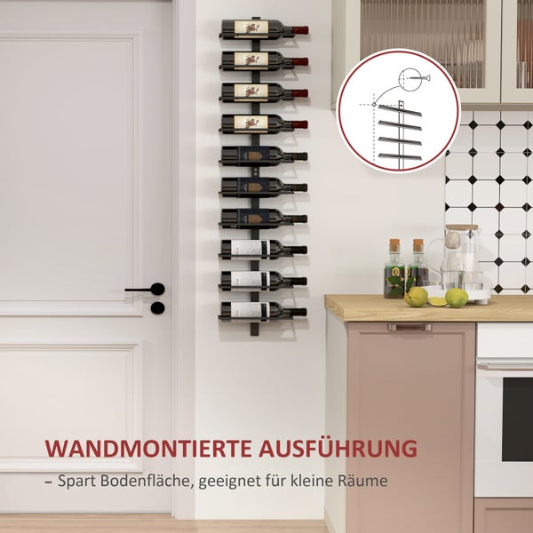 HOMCOM Weinregal Flaschenregal für 10 Weinflaschen, Flaschenhalter zur Wandmontage Aufbewahrungsregal aus Stahl, Weinflaschenregal für Küche, Esszimmer Schwarz