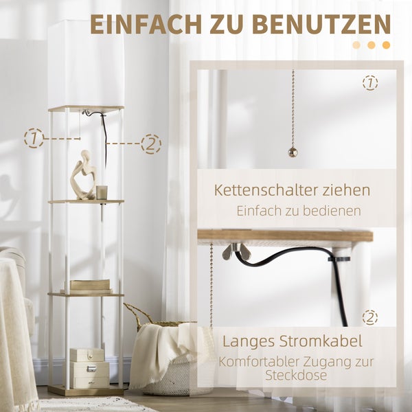 Detailaufnahme eines Regals mit Beleuchtung, das einen Ketttenschalter und ein langes Stromkabel hervorhebt, um die einfache Bedienung zu demonstrieren.