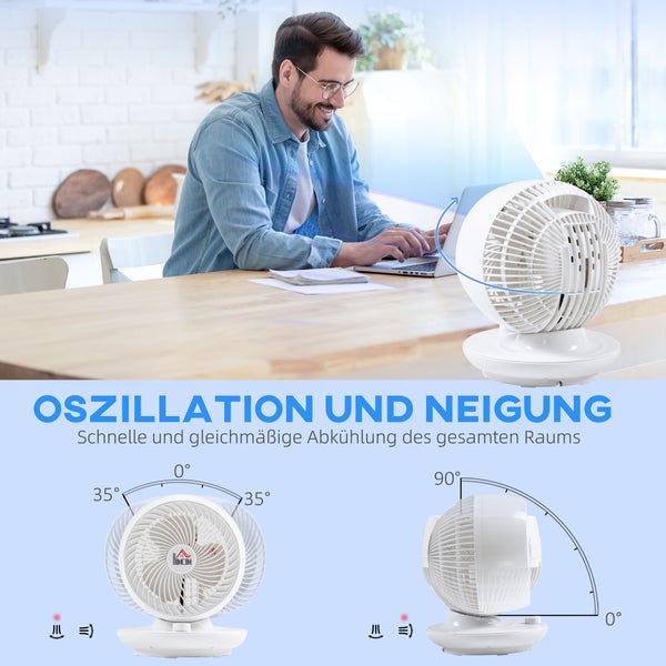 HOMCOM Tischventilator Ventilator 90° Kippfunktion 90° Schwenkbar 70° Oxidation Umluftventilator Lüfter 3 Geschwindigkeitsstufen Kunststoff ABS Ø27 x 34H cm