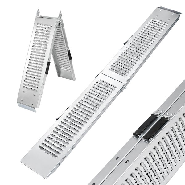 Klappbare Auffahrrampe aus Aluminium mit Tragegriffen und profilierter, rutschhemmender Oberfläche.