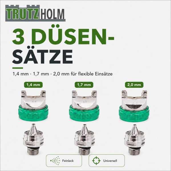 Trutzholm Düsensatz Set mit drei Düsen in den Größen 1,4 Millimeter, 1,7 Millimeter und 2,0 Millimeter für Farbsprühsysteme.