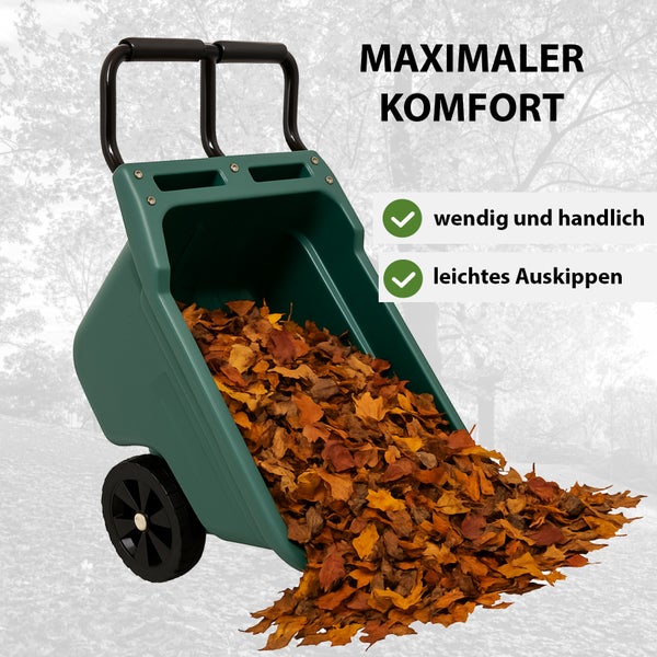 Gartenkarre für Laub mit hohem Komfort, wendig und handlich mit ergonomischen Griffen und Funktion zum leichten Auskippen.