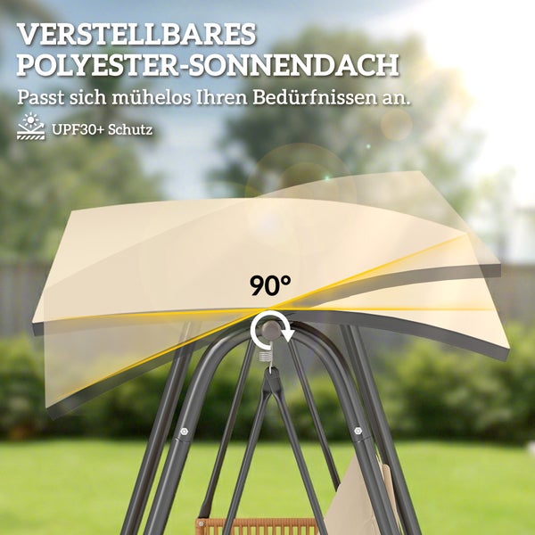 Verstellbares Sonnendach aus Polyester für Hollywoodschaukel mit UPF 30 plus Schutz, um 90 Grad neigbar.