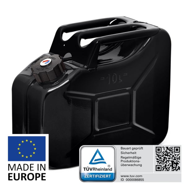 Kraftstoffkanister aus Stahl mit 10 Liter Fassungsvermögen inklusive Made in Europe Kennzeichnung und TÜV Rheinland Zertifizierung.