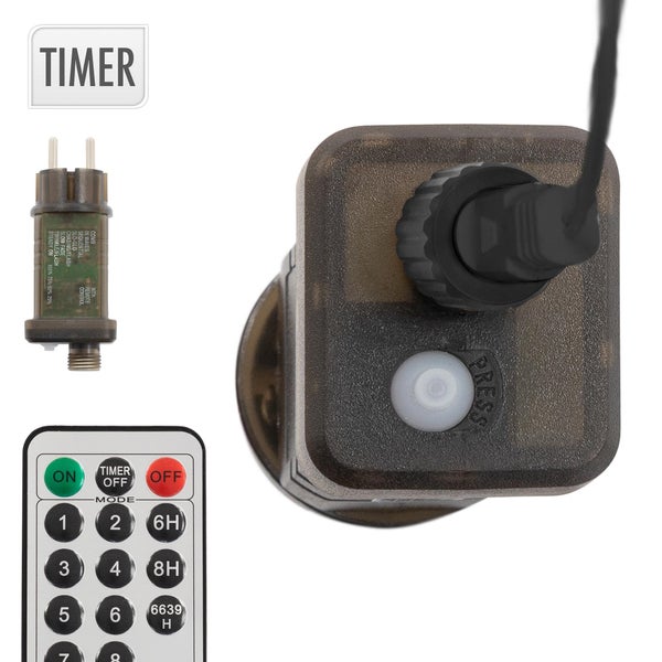 Elektrischer Transformator mit Timer-Funktion, Fernbedienung und Anschlusskabel für Weihnachtsbeleuchtung.