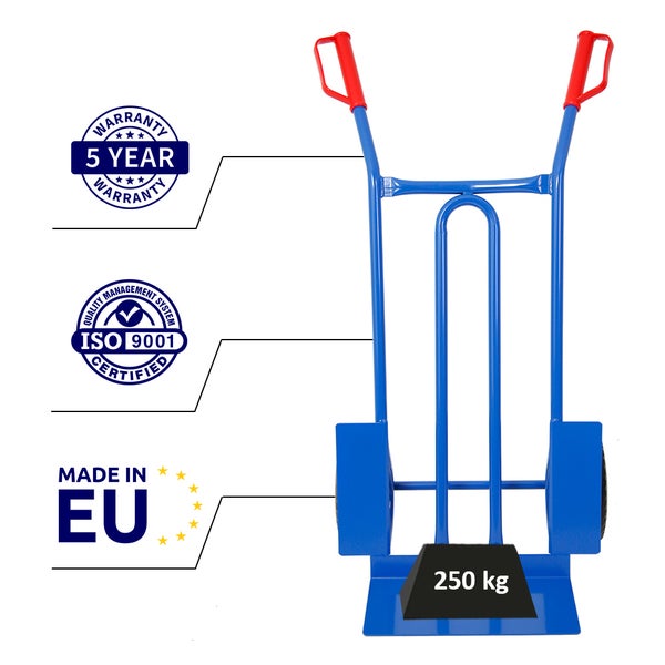 Blaue Sackkarre aus Stahl, 250 Kilogramm Tragkraft, rote Sicherheitsgriffe, 5 Jahre Garantie, ISO 9001 und in der Europäischen Union hergestellt.