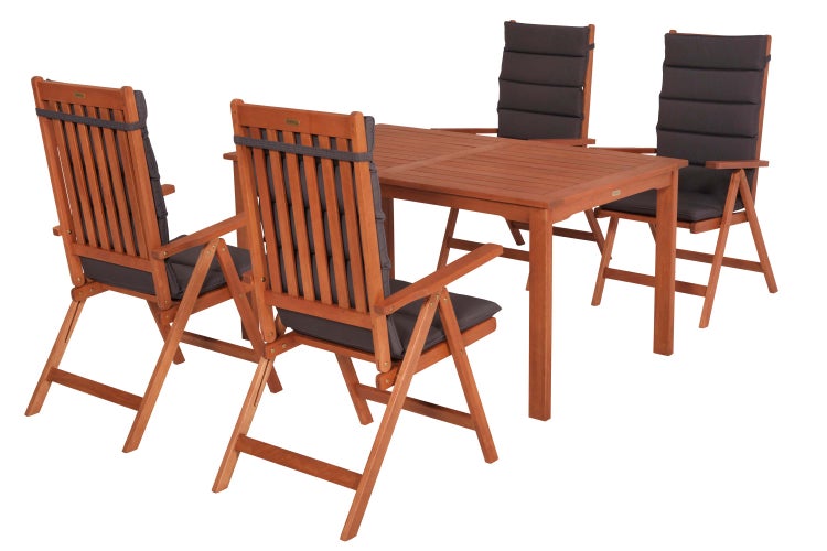 Gartentischgruppe mit vier Stühlen und Auflagen
